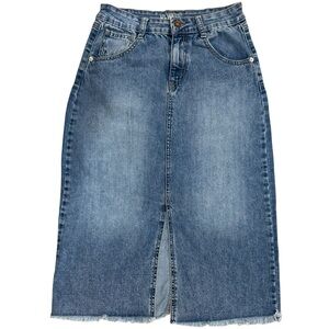 REWASH Denim Midi Skirt Front Slit Raw Hem Size 5 27 Boho Coastal Cowgirl